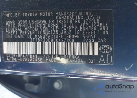 2005 Toyota Corolla Le from USA, damaged, VIN 2T1BR30E85C427869